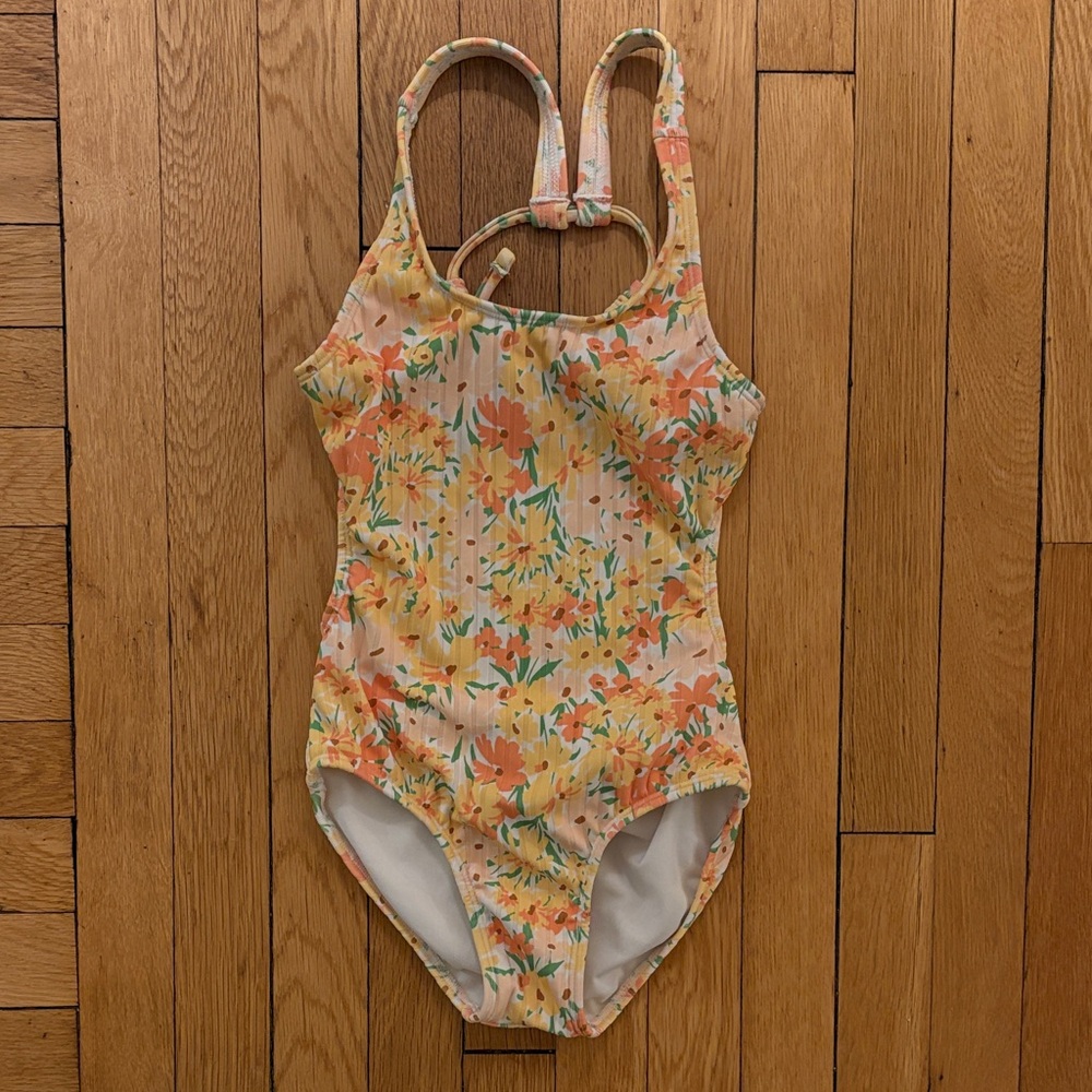 Art Class Orange and Yellow Floral Kids Swim One Piece